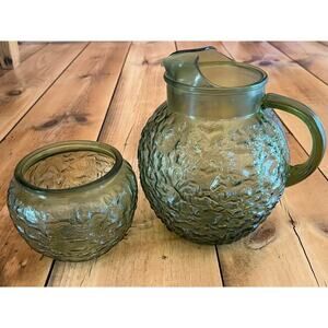 Vintage E O Brody Company green crinkle textured glass pitcher & planter bowl.